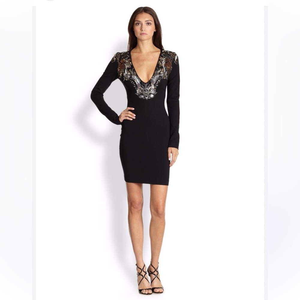 Roberto Cavalli | Black Stretch Knit Embellished Plunge Neck Mini Dress